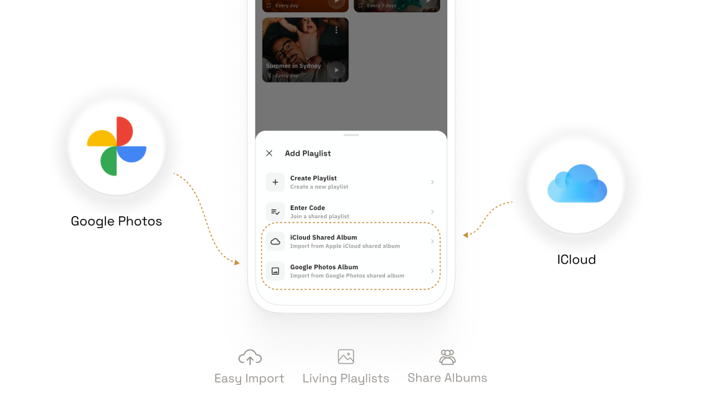 Import shared albums from Google Photos and iCloud into the BLOOMIN8 app