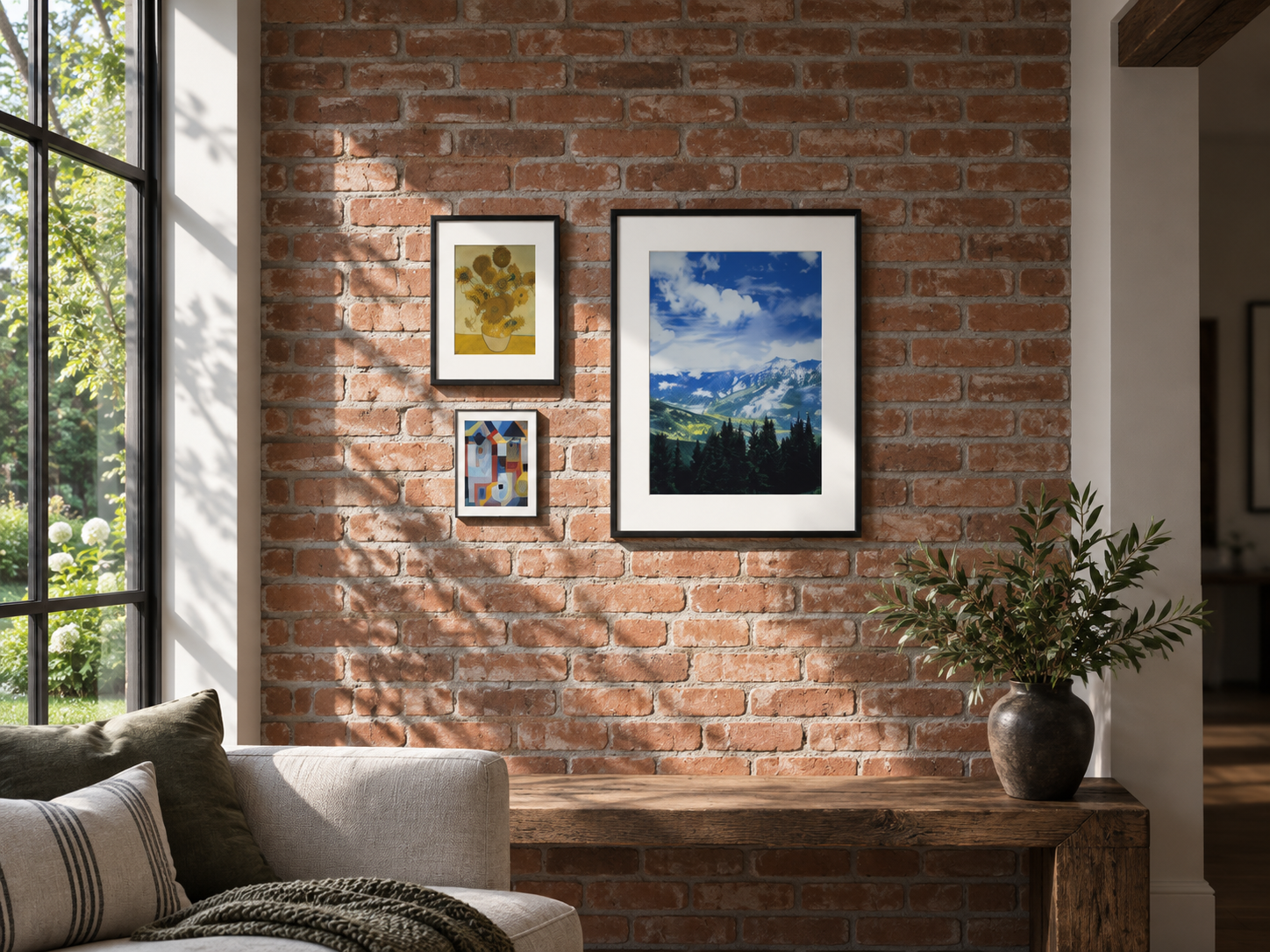 Three BLOOMIN8 canvas sizes arranged on a warm brick wall
