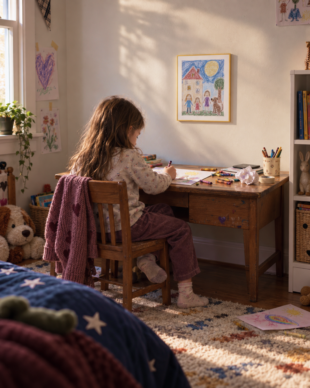 A child drawing at a desk beneath a yellow BLOOMIN8 canvas displaying their artwork