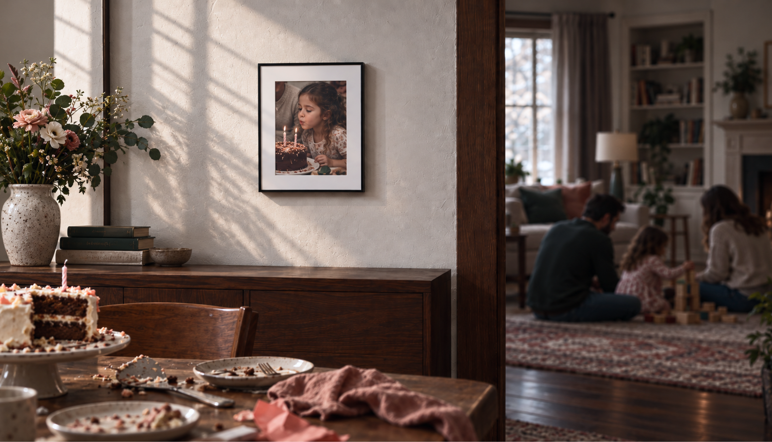 A BLOOMIN8 canvas displaying a birthday memory in a warm family home