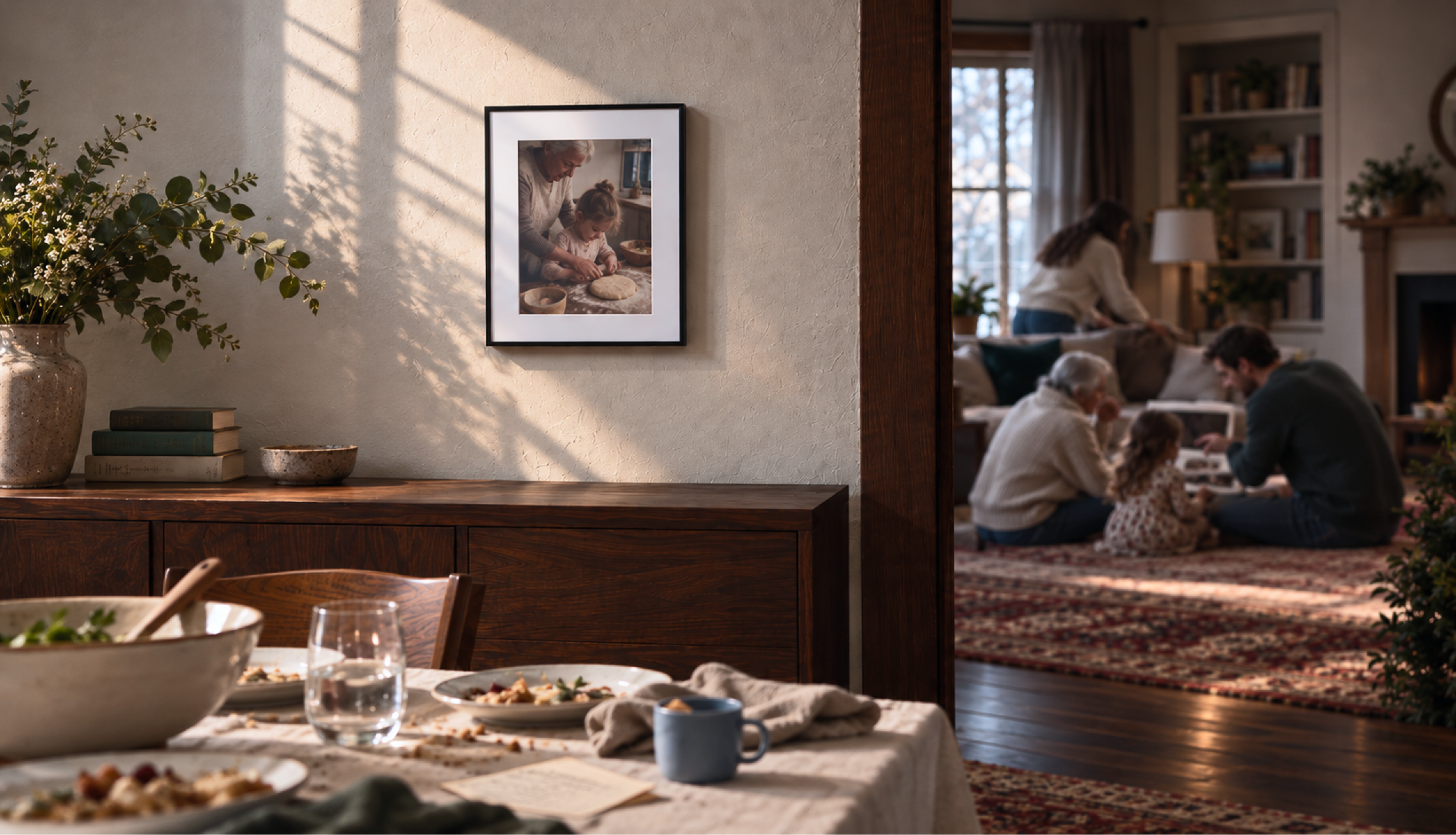 A BLOOMIN8 canvas displaying a family memory during a gathering at home